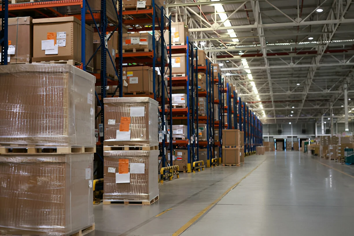 A long racked warehouse aisle with pallets of wrapped goods