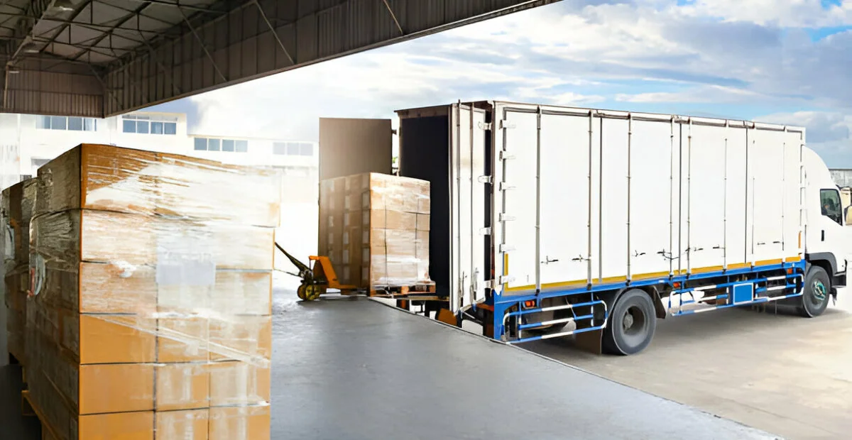 A delivery truck backed up to a warehouse dock beside pallets of wrapped cartons