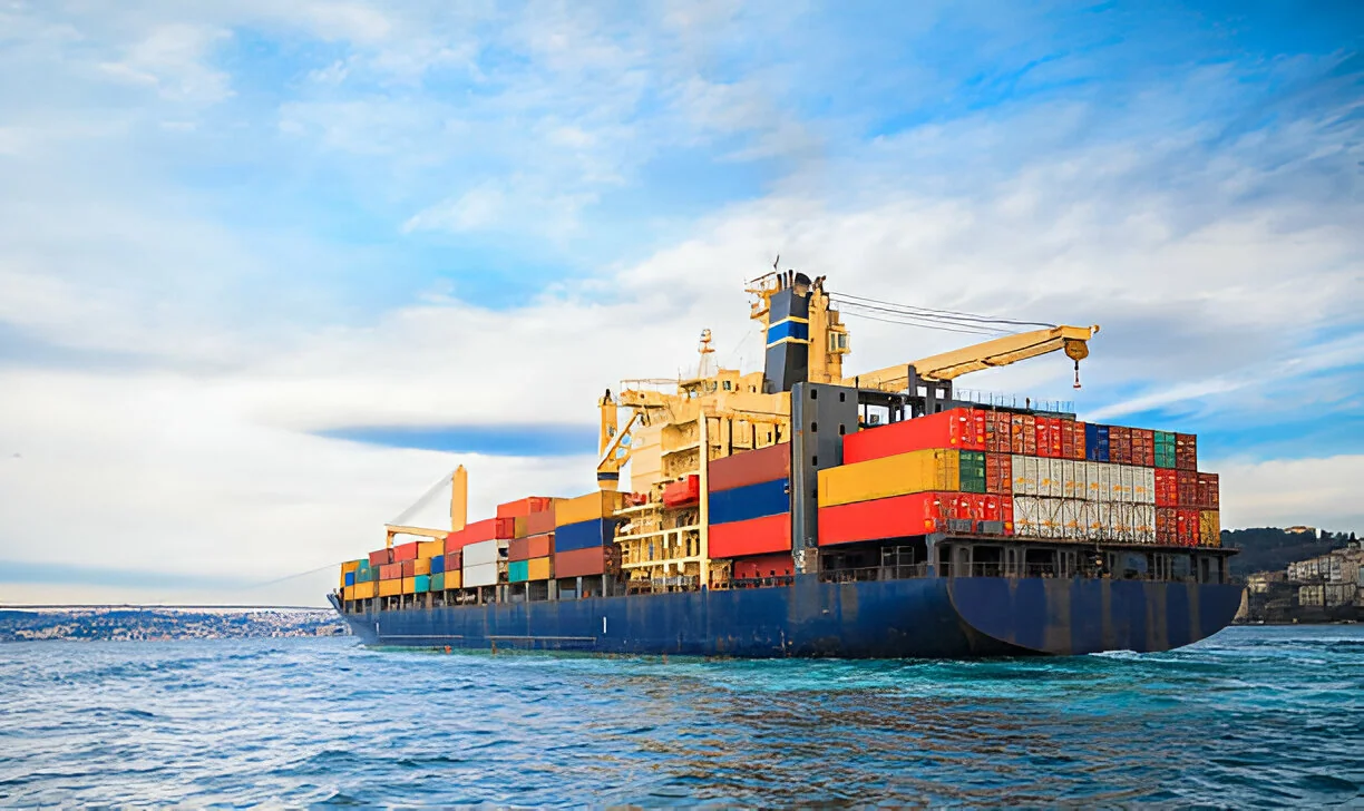 A container ship loaded with colourful containers at sea